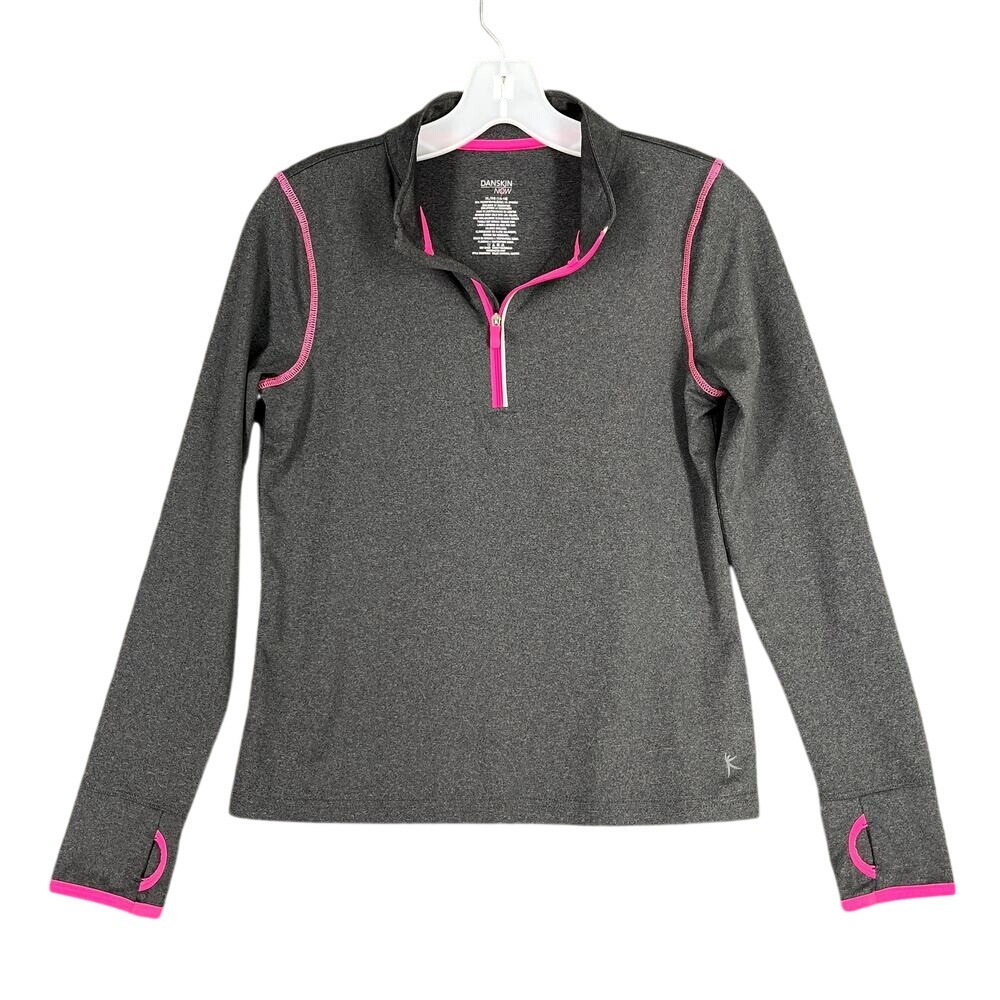 Danskin Shirt Womens XL Gray 1/4 Zip Pullover Stretch Thumbhole Yoga Studio Gym